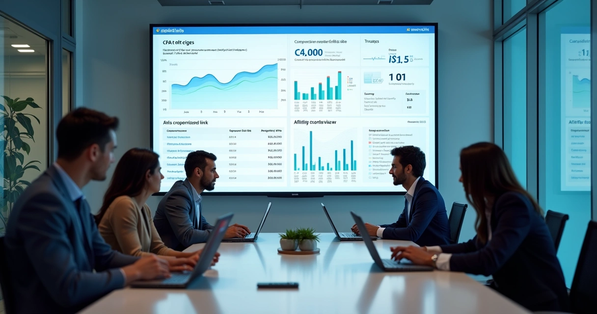 Painel digital de gerenciamento mostrando gráficos de afiliados e e-commerce 