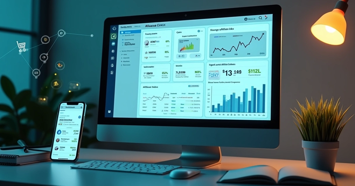 Tela de computador mostrando painel de controle de rede de afiliados com gráficos, links, cupons e comissões 