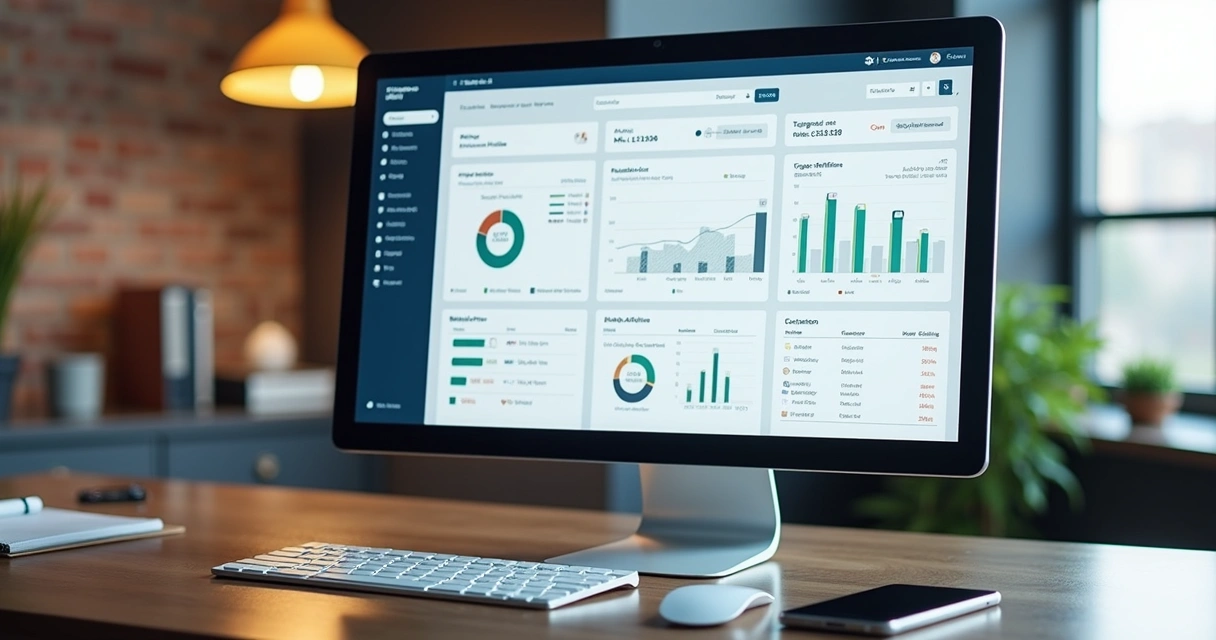 Tela de computador exibindo painel de gestão de afiliados com gráficos, links rastreáveis e cupons ativos 