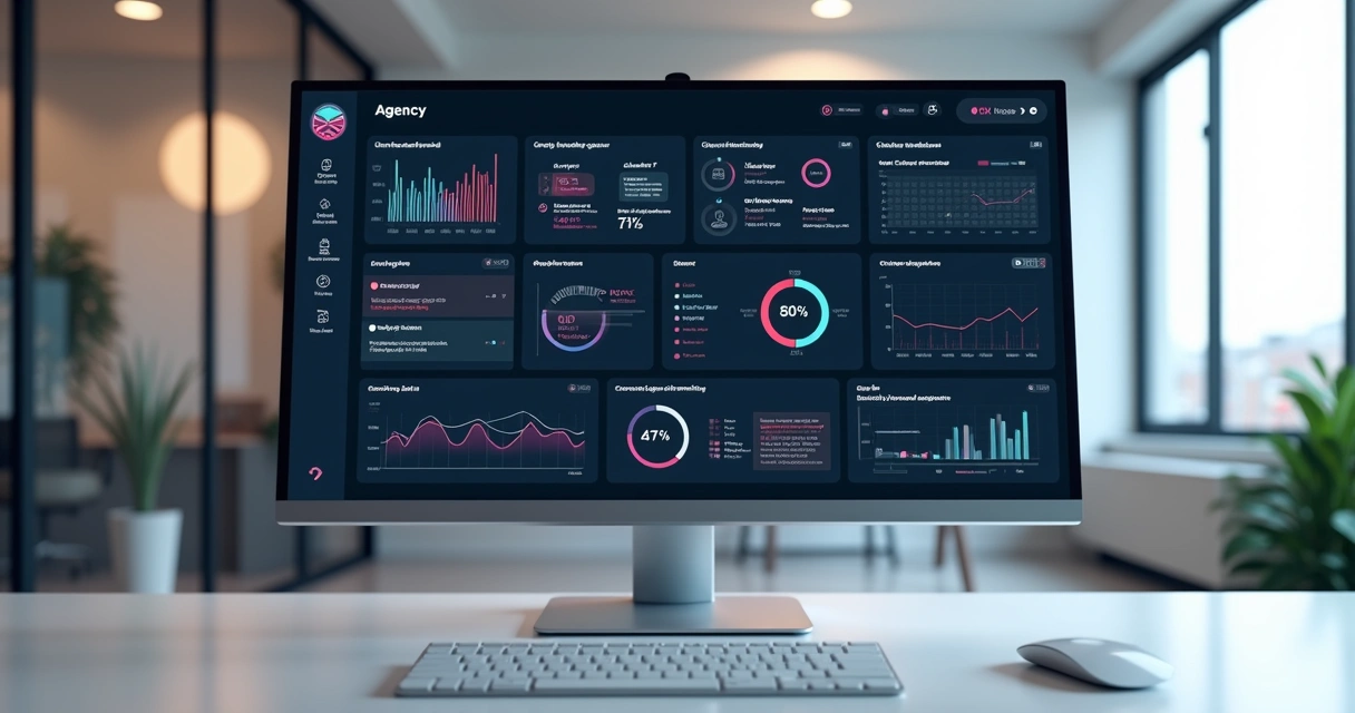 Tela de computador mostrando dashboard sofisticado de ferramentas de gestão para agências de marketing com gráficos, automação e mensagens integradas 