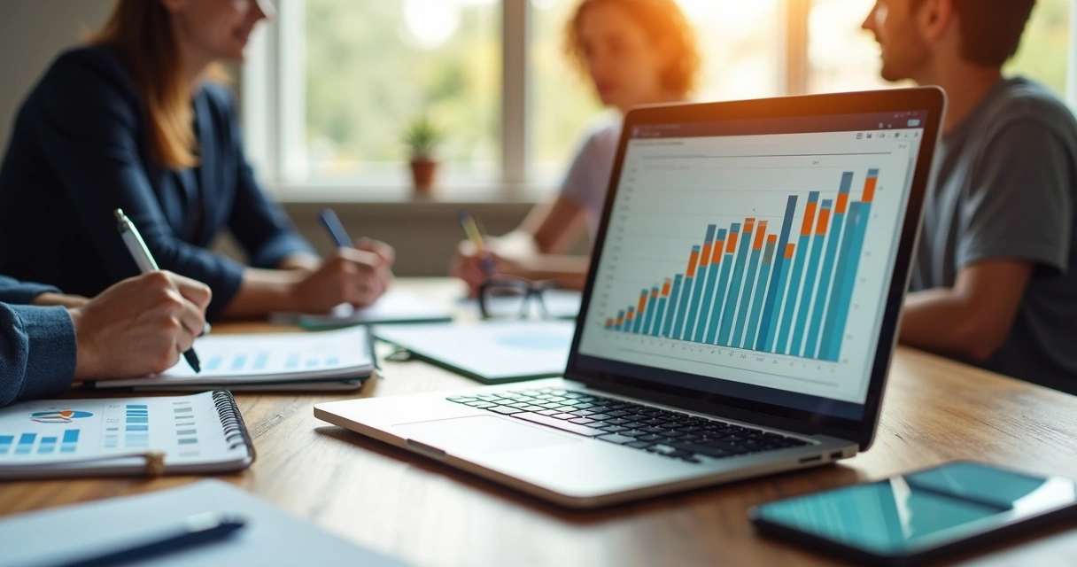 Mesa de escritório com laptop, cadernos e gráficos financeiros mostrando aumento e queda de lucros, com agência digital operando em fundo desfocado 