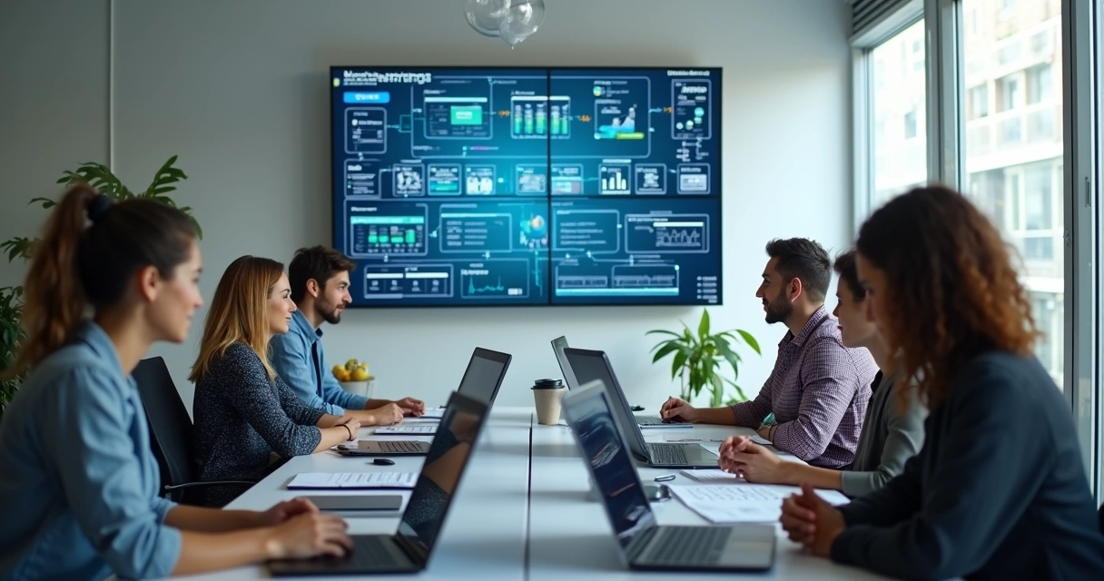 Equipe de profissionais em reunião estratégica com múltiplas telas digitais exibindo gráficos, fluxos de trabalho e painéis de controle de projetos e financeiro 