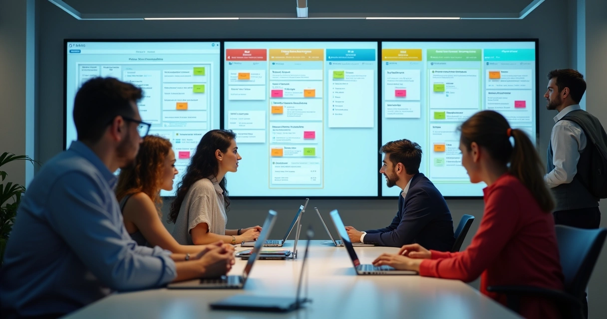 Área de trabalho compartilhada com computadores conectados, quadros de tarefas e pessoas coordenando projetos 