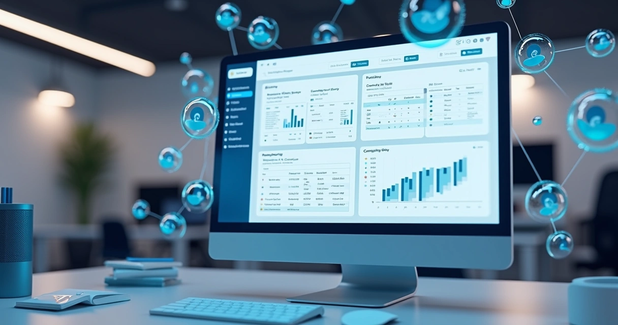 Interface 3D de software para gestão de agências mostrando painel com tarefas, relatórios e gráficos de desempenho 