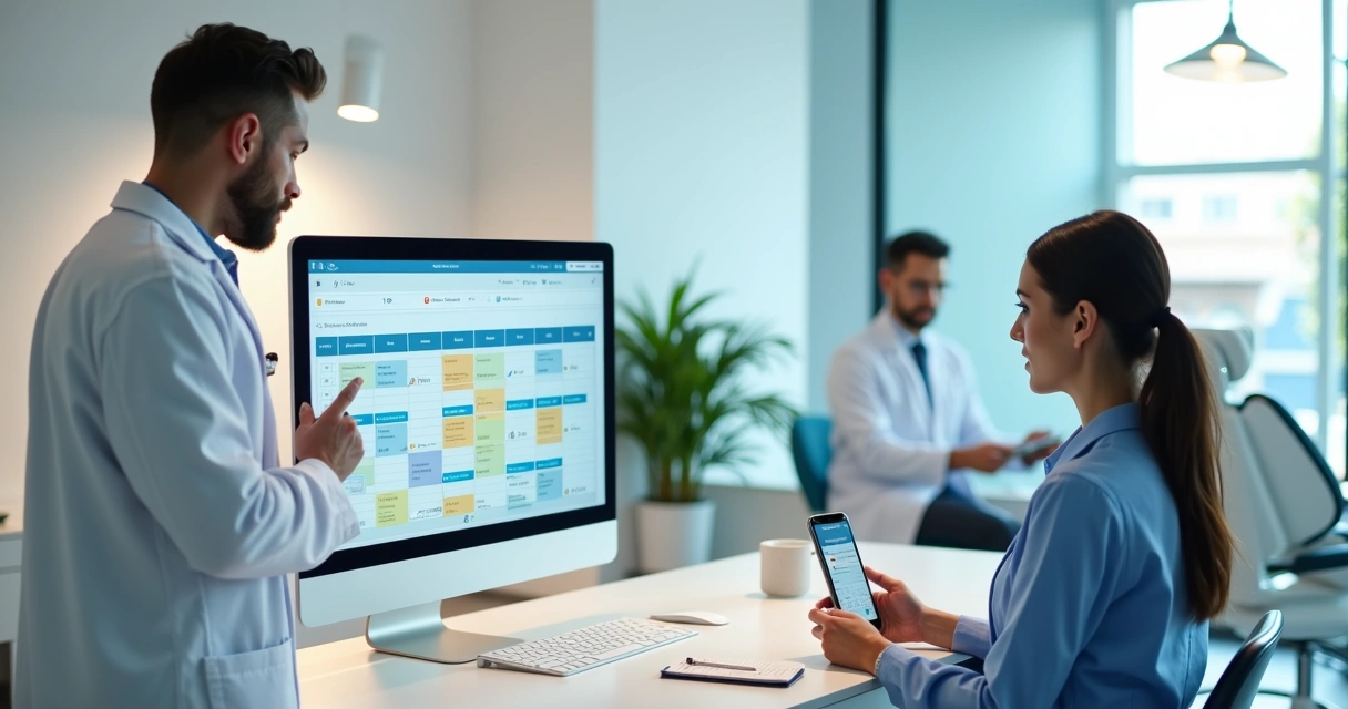 Dentista analisando agenda digital em clínica odontológica moderna 