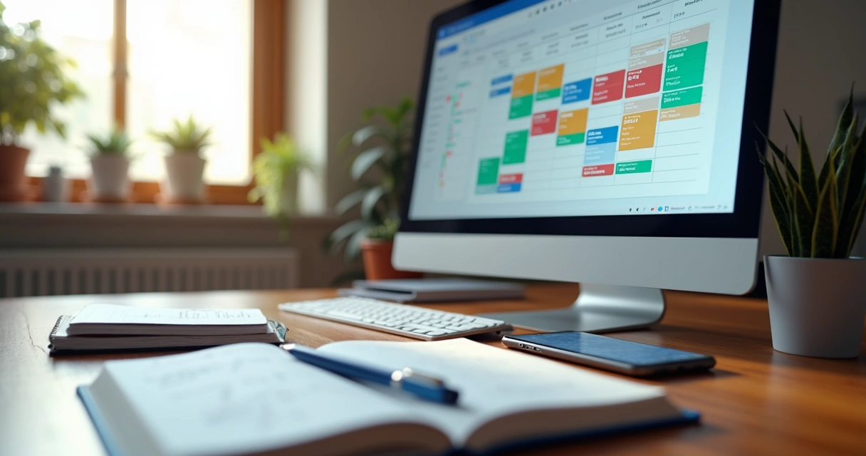 Mesa de escritório com computador aberto mostrando software de gestão de agenda, celular com aplicativo de calendário, caderno com anotações e caneta sobre superfície iluminada 