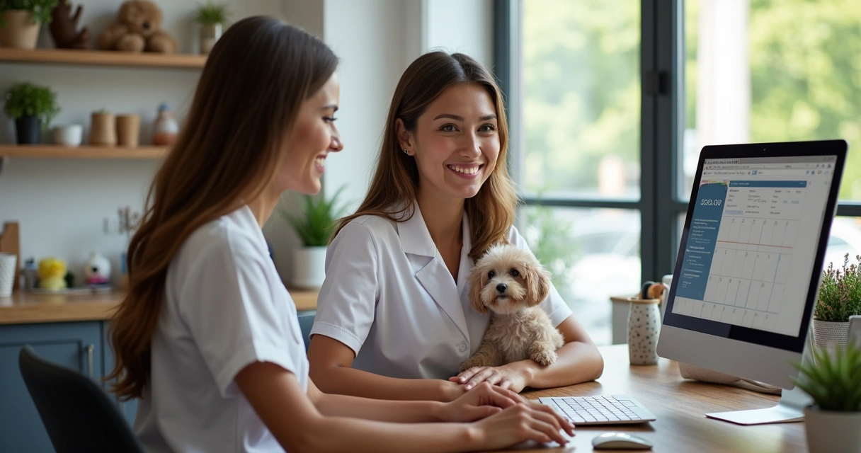Equipe de petshop usando computador para controle de agenda de banho e tosa 