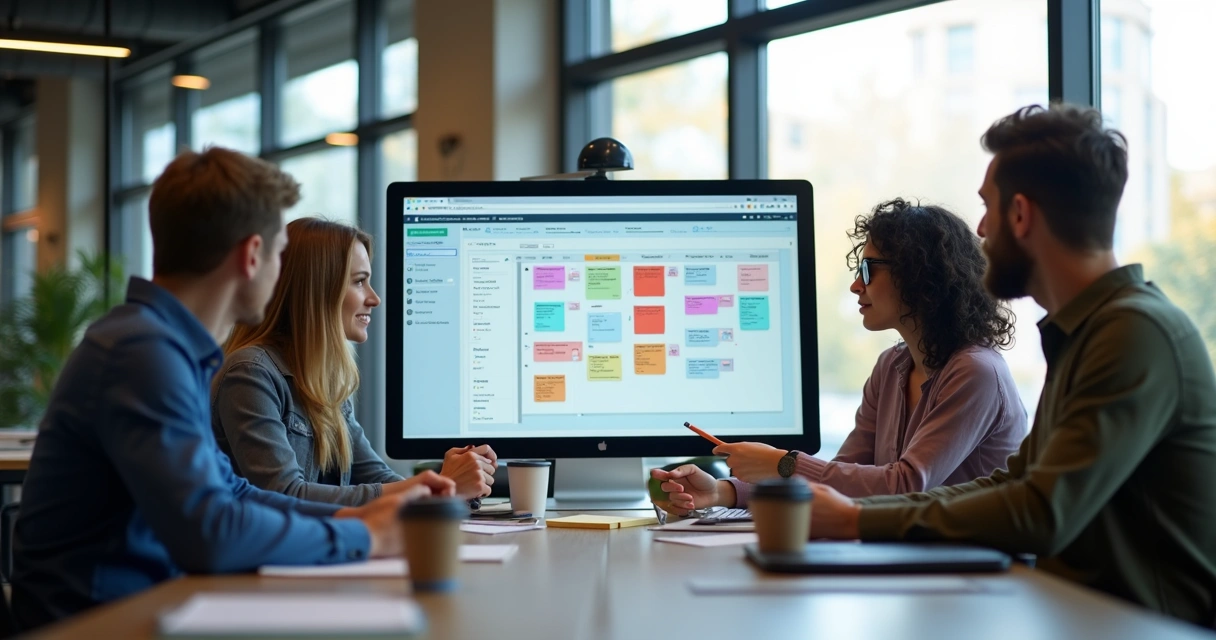 Equipe de agência trabalhando em um quadro de tarefas digital 