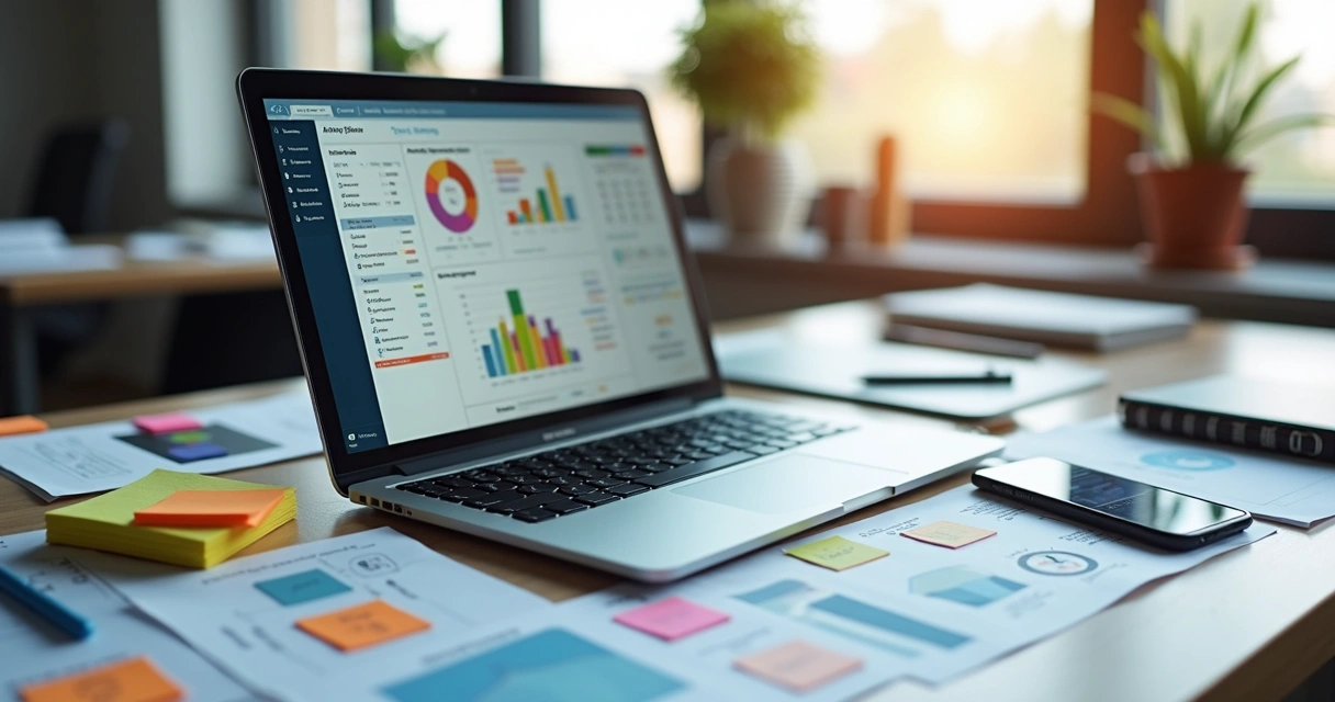 Mesa de escritório com laptop aberto mostrando painel de gestão ágil, ao redor blocos de notas coloridos, smartphone com app de tarefas, canetas, gráficos e layouts de projeto, ambiente moderno e orga