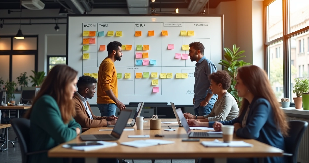 Equipe de tecnologia em reunião colaborativa em escritório moderno discutindo quadro Scrum com post-its coloridos e laptops abertos 