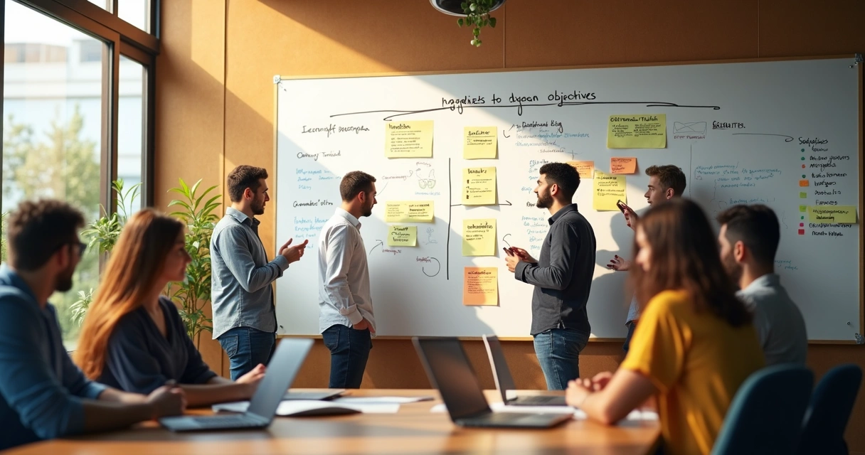 Quadro branco com OKRs e tarefas alinhadas para equipes de uma PME 