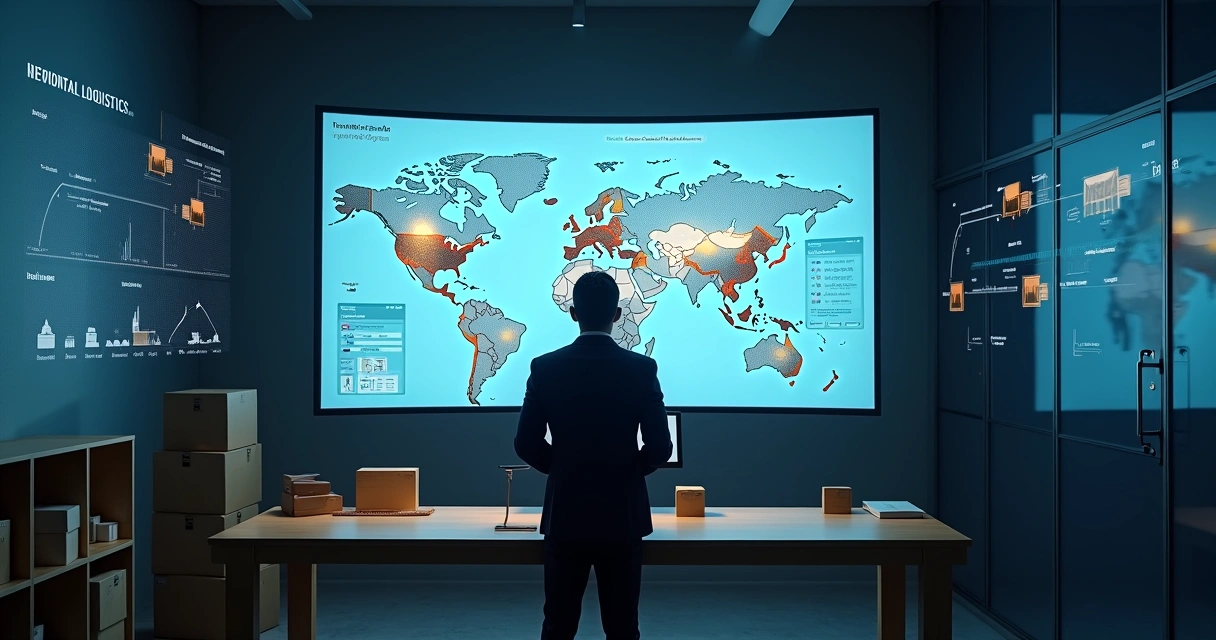 Gestor público diante de mapa digital gerindo almoxarifado virtual e cadeia de suprimentos 