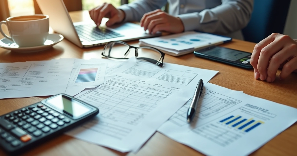 Mesa com documentos de aluguel, calculadora, laptop e pessoa revisando contratos para evitar erros na gestão de aluguéis 