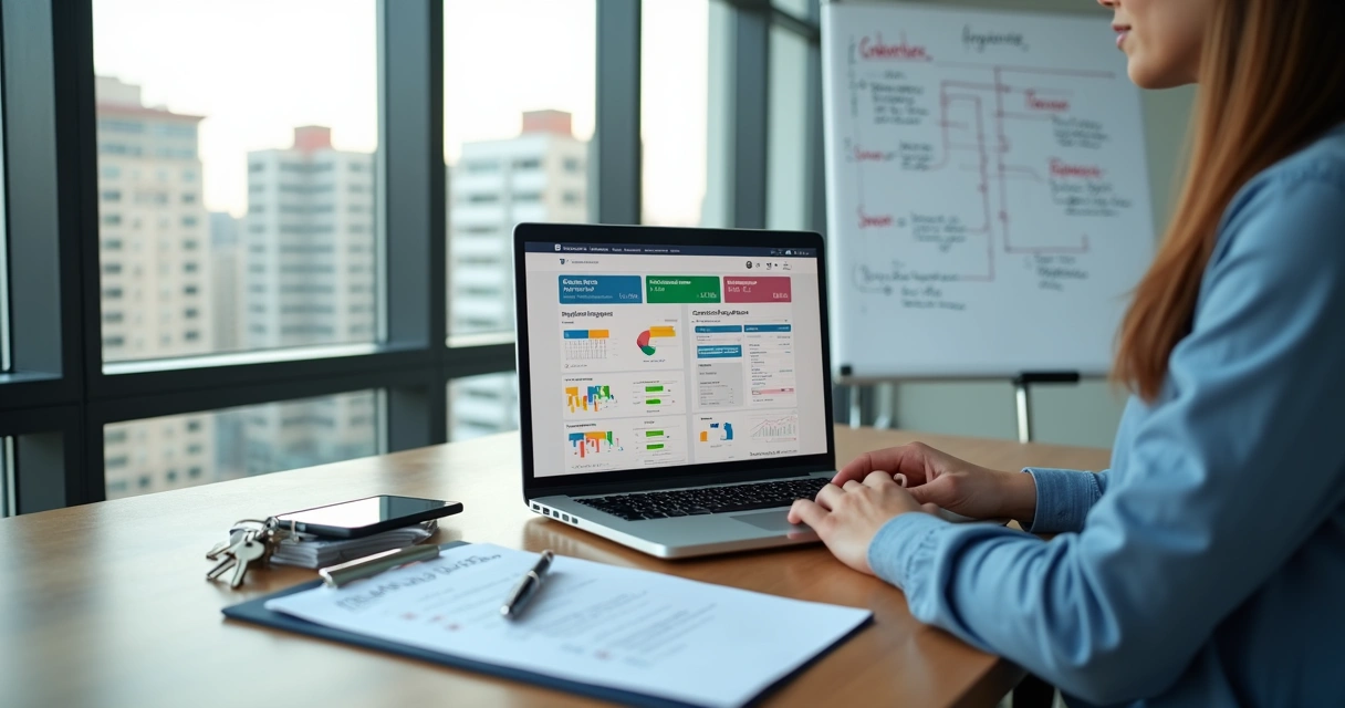 Corretor organizando contratos de aluguel e cobranças em sistema imobiliário no notebook 