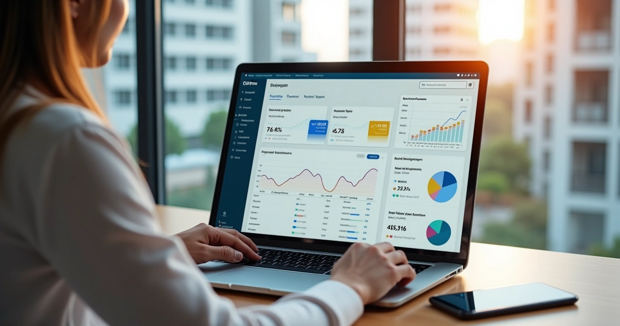 Tela de sistema de gestão de aluguéis em notebook com gráficos e imóveis ao fundo 