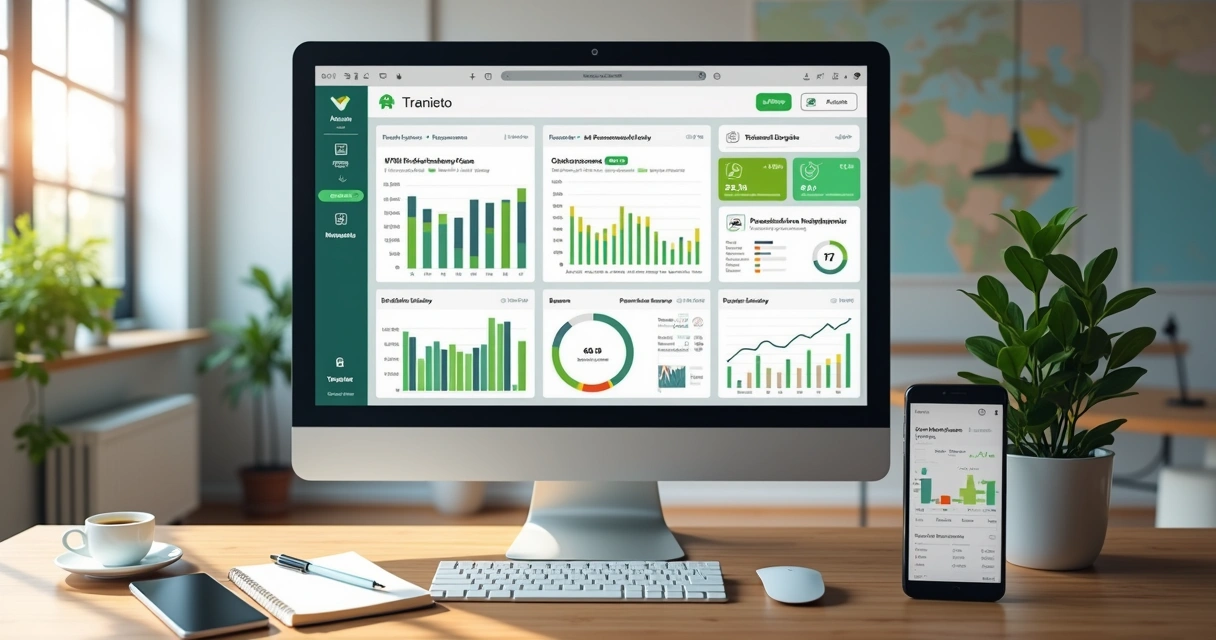 Interface moderna de sistema online para gestão de aluguéis em tela de computador com gráficos financeiros e notificações de pagamentos 