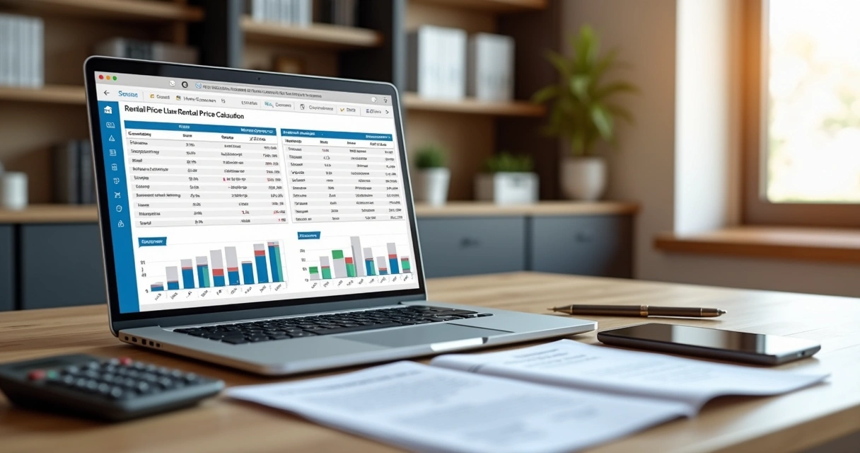 Mesa de trabalho com laptop aberto mostrando planilha de cálculo de aluguel, calculadora, documentos de contratos e caneta sobre superfície de madeira clara 