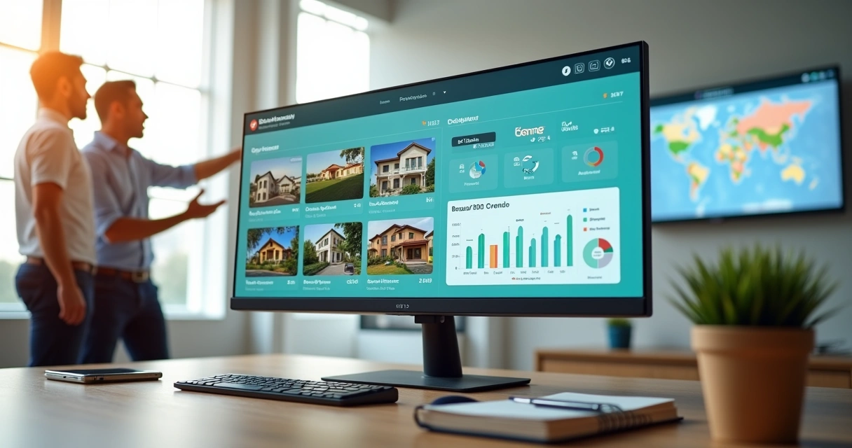 Dashboard de controle de aluguel exibindo gráficos e vários imóveis 