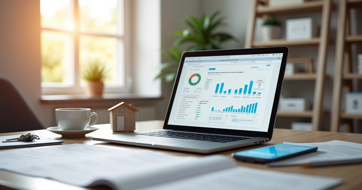 Pessoa utilizando sistema digital de controle de aluguel em laptop, com gráficos e documentos eletrônicos na tela 