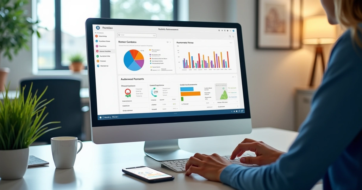 Tela de computador exibindo sistema de gestão de aluguel com gráficos e contratos. 
