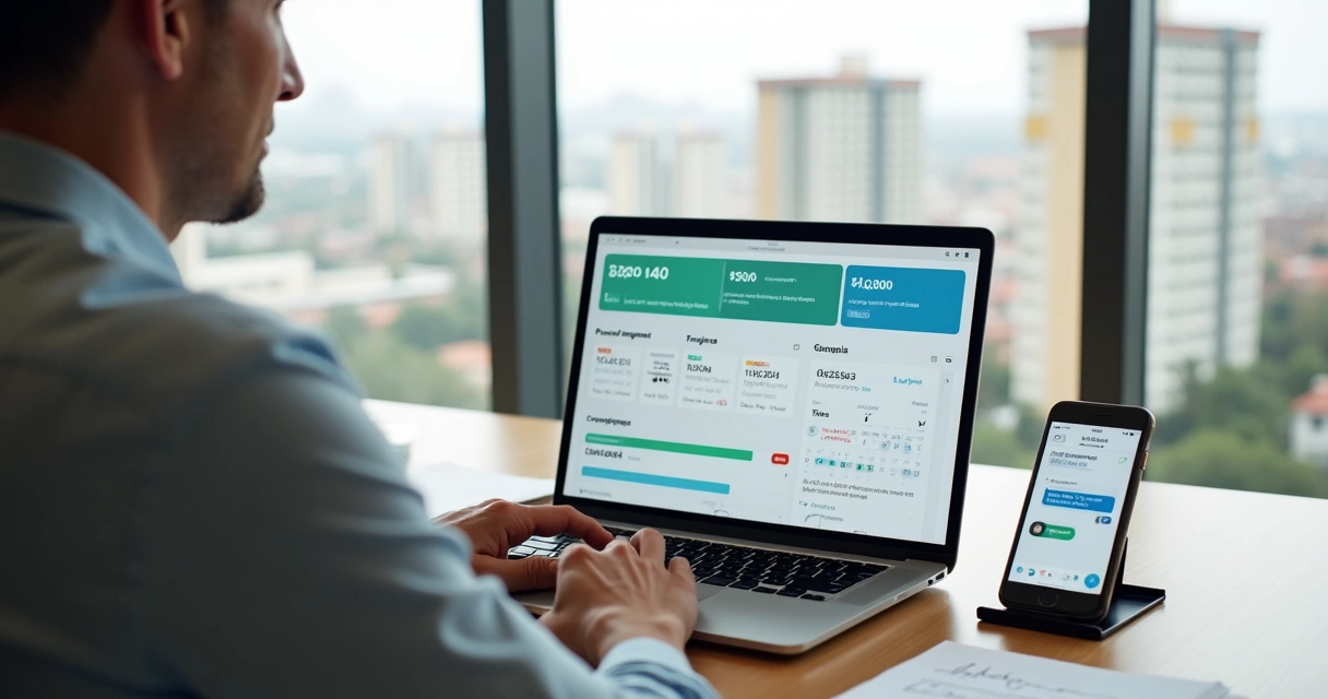 Proprietário analisa gestão de aluguel em dashboard de software no notebook 
