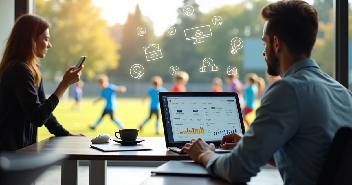 Gestor usando sistema digital para controle de alunos em escola de futebol 