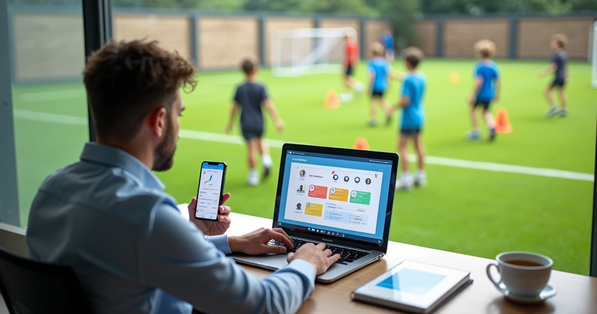 Gestor de escola de futebol usando plataforma online para gestão de alunos em campo de treino 