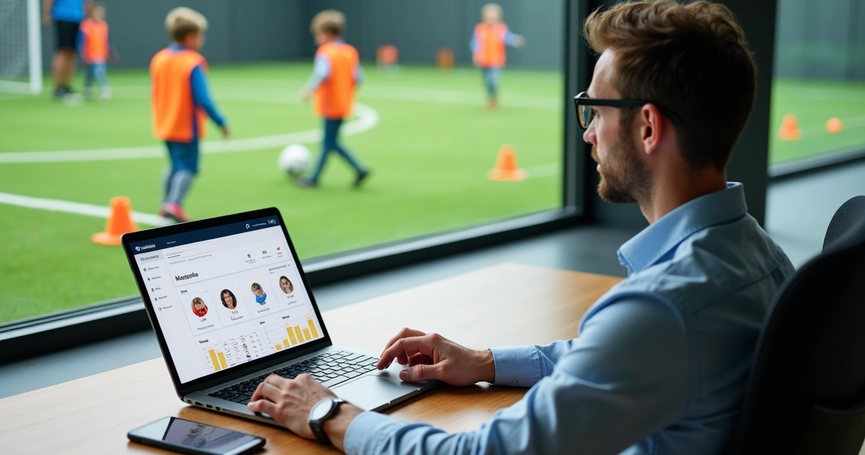 Gestor de escola de futebol usando plataforma digital para gestão de alunos ao lado de campo de treino 