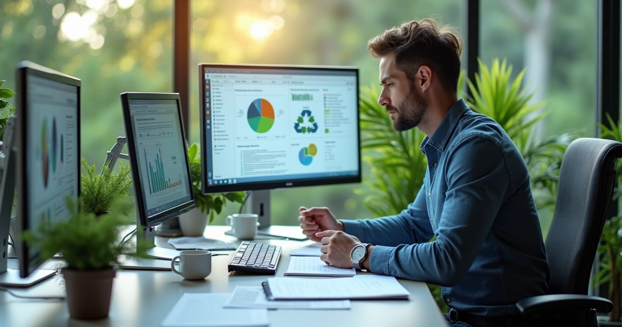 Profissional analisando gráfico de gestão ambiental em escritório moderno com plantas e documentos sobre mesa 