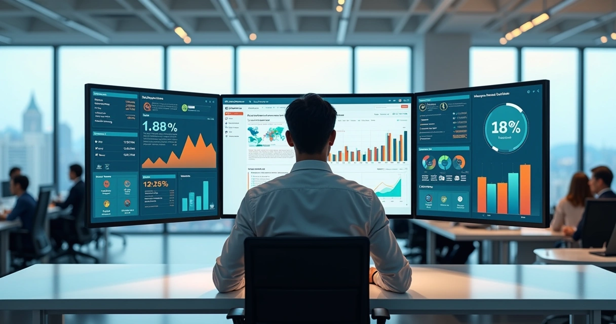 Profissional analisa painel de campanhas de anúncios online em tela grande 