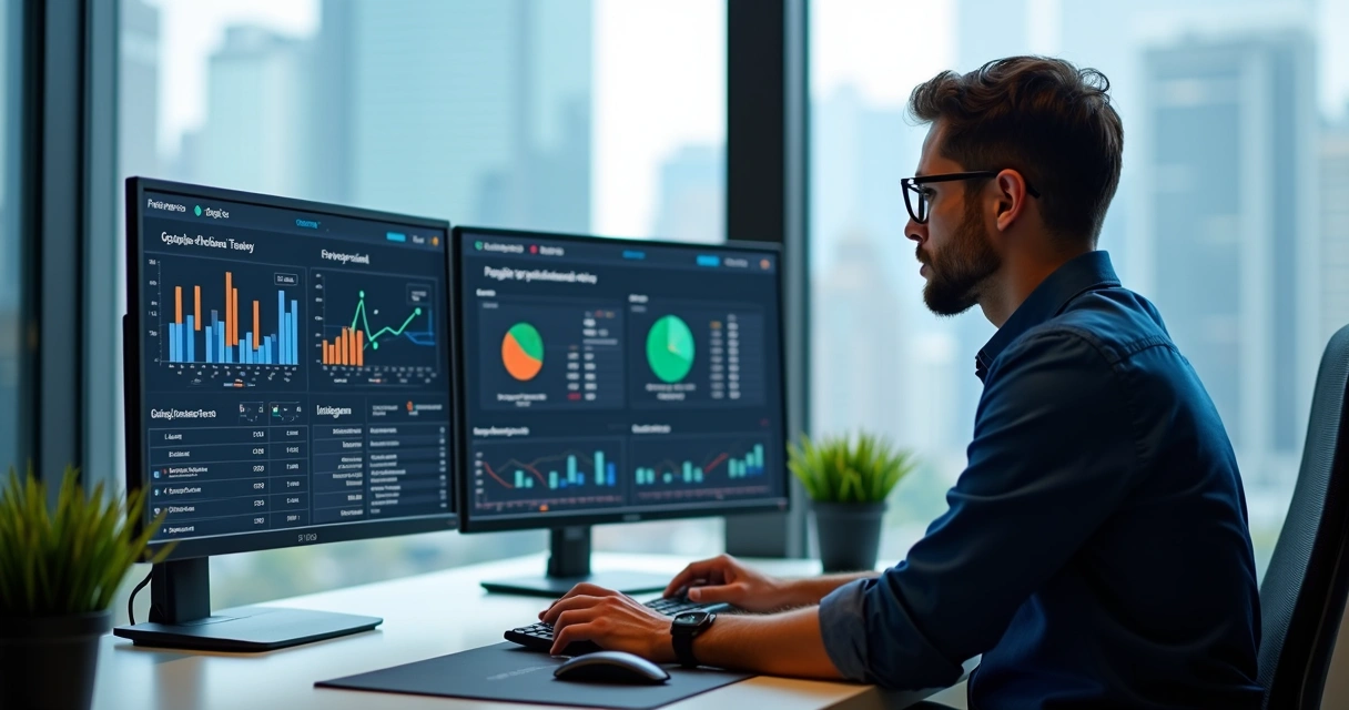 Pessoa gerenciando anúncios digitais em diversos dispositivos 