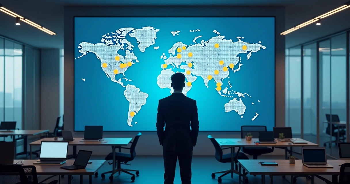 Gestor observando tela com mapa de dispositivos móveis conectados
