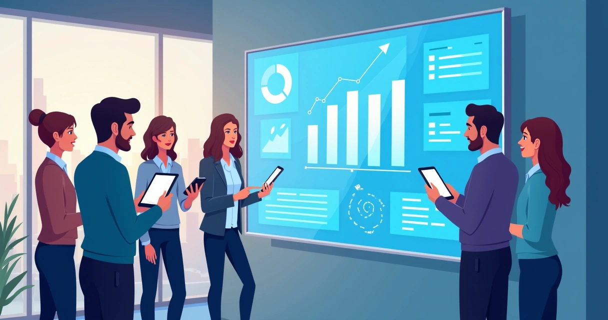 Painel digital mostrando gráficos de gestão em tablets e smartphones 