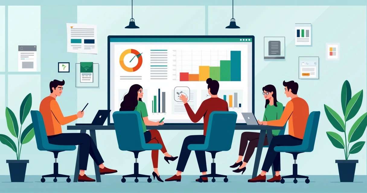 Equipe reunida em ambiente de trabalho moderno observando dashboard em tela grande
