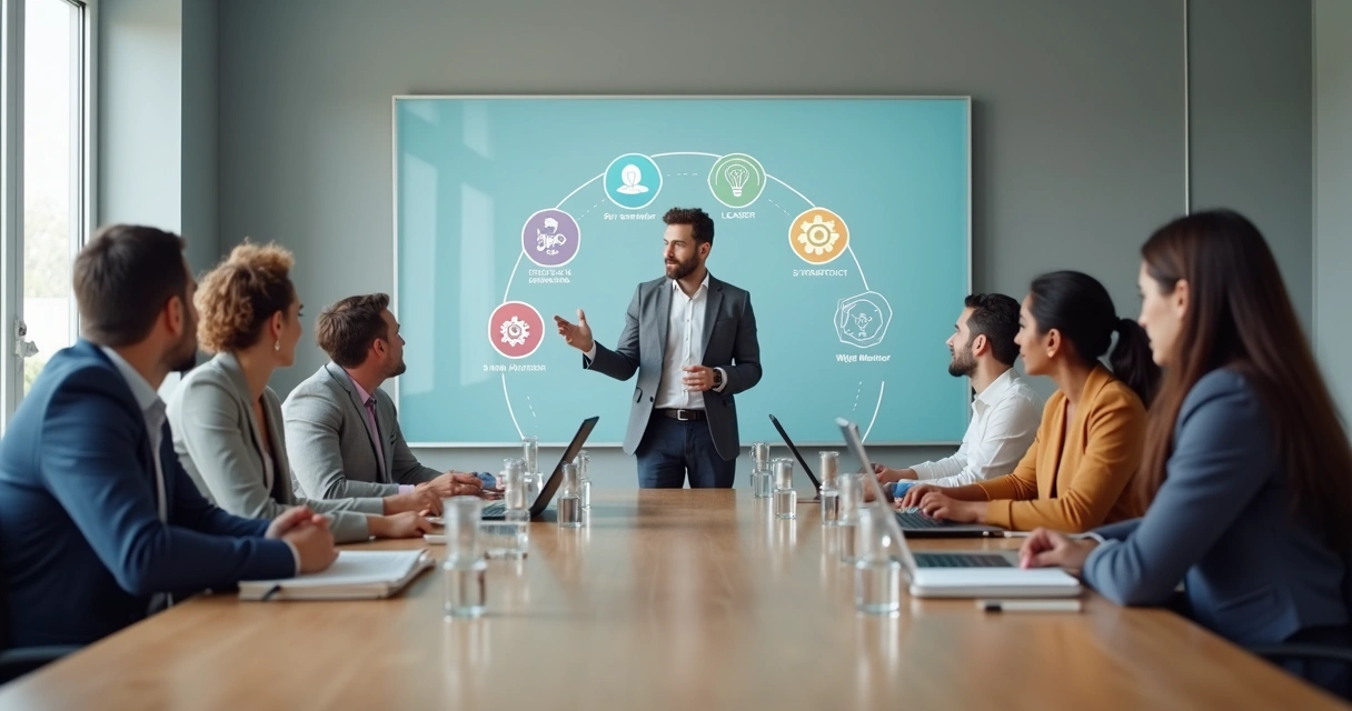 Líder guiando equipe diversa com ícones de sete arquétipos ao fundo 