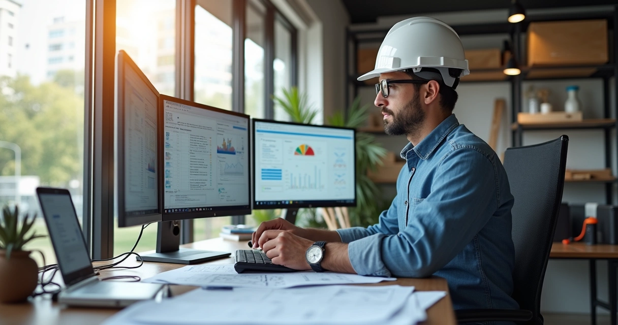 Gestor analisando solicitações técnicas em tela de computador junto a documentos digitais de construção civil 