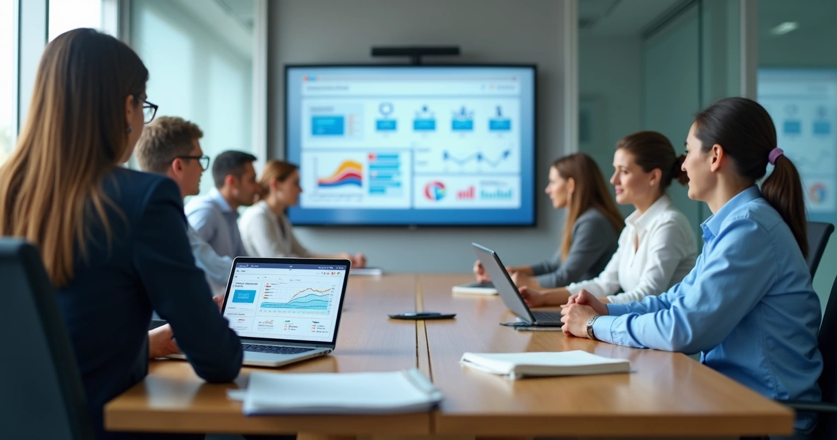 Reunião de diretoria de associação analisando gestão de associados em painel digital 
