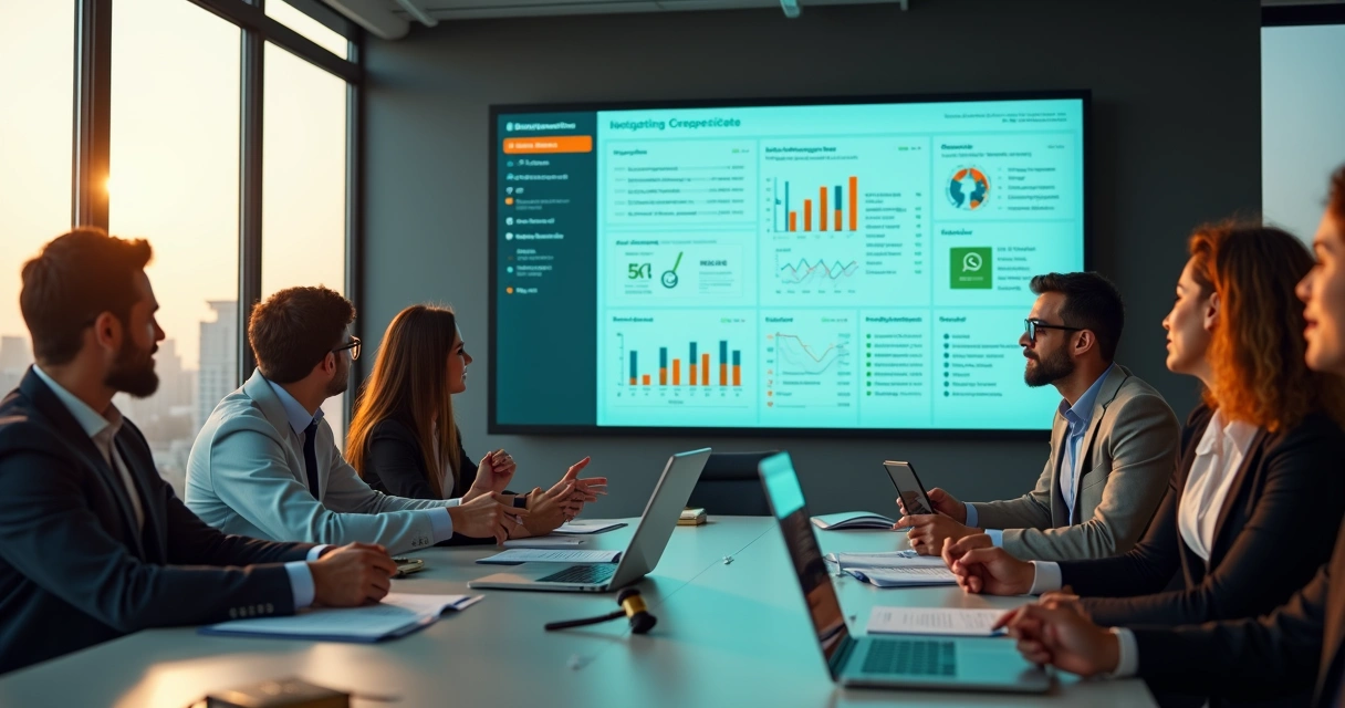 Reunião de diretoria em associação de classe com painel digital de gestão ao fundo 