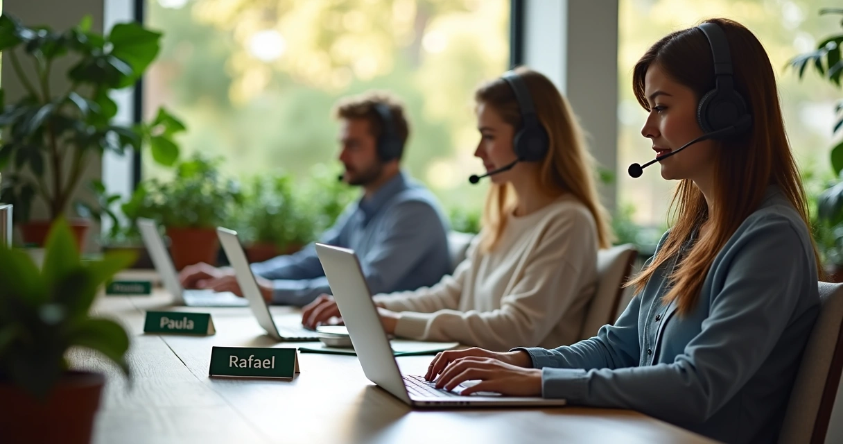 Equipe de atendentes de WhatsApp em mesas separadas