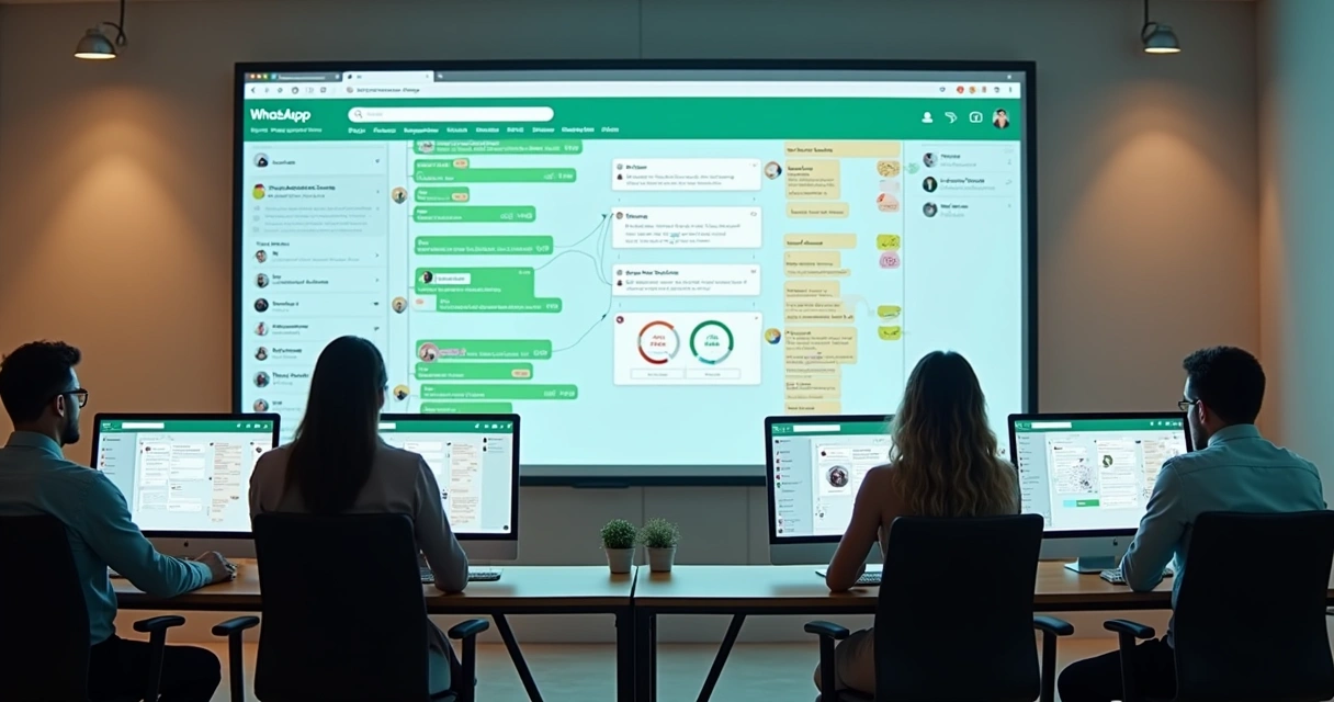 Painel com múltiplos atendentes utilizando WhatsApp em seus computadores 