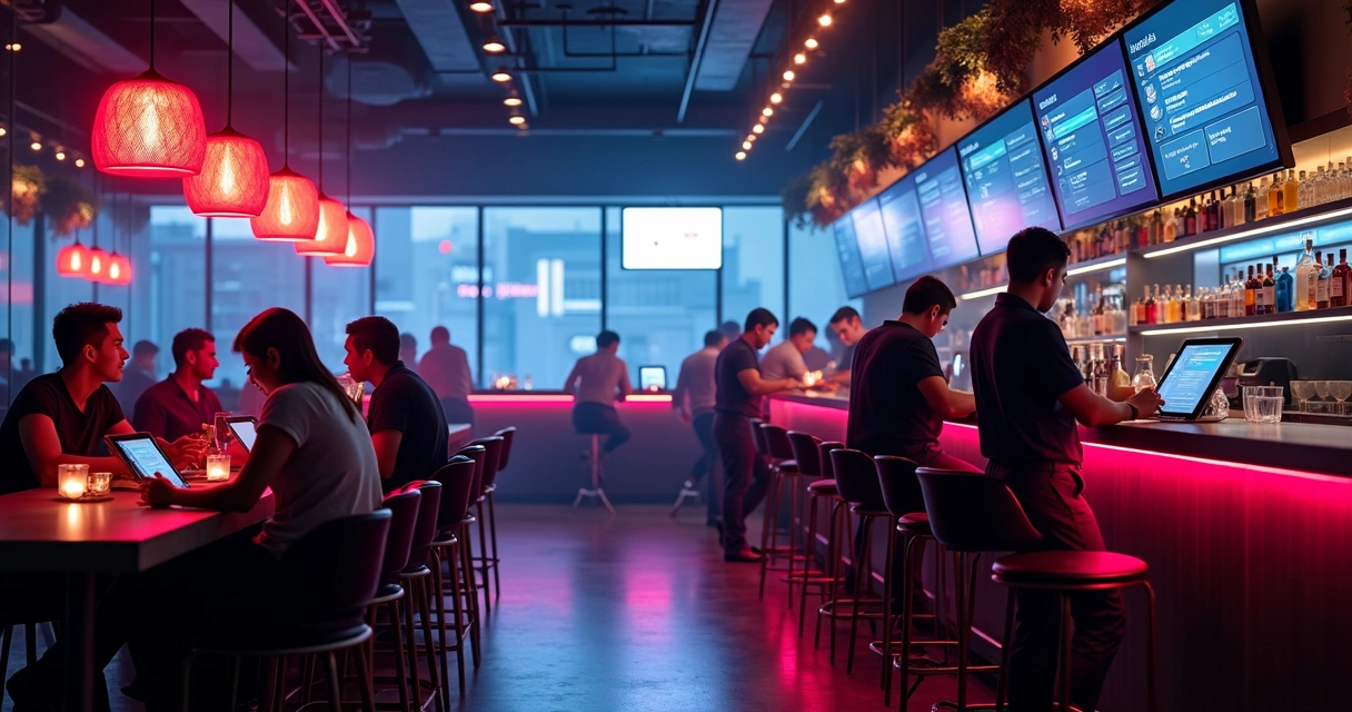 Vista interna de uma casa noturna moderna com equipe utilizando totens de autoatendimento e clientes fazendo pedidos via QR Code nos celulares