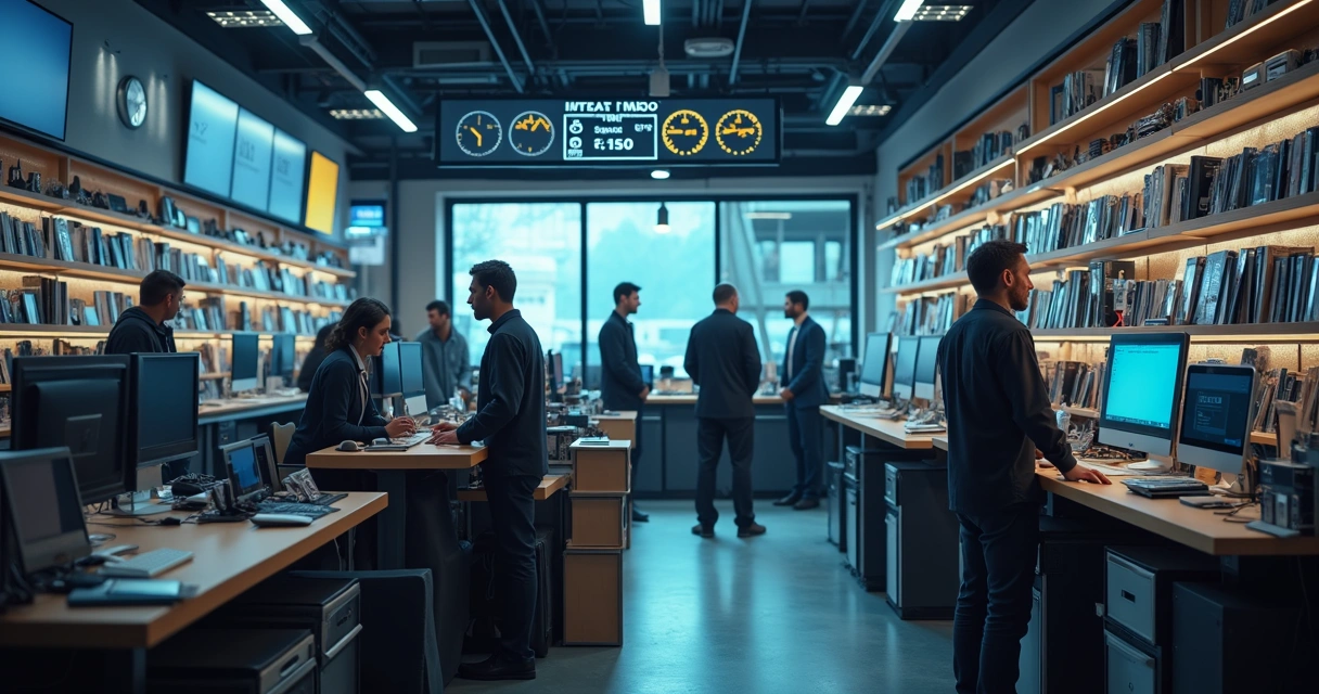 Balcão de assistência técnica com atendente e clientes aguardando. 