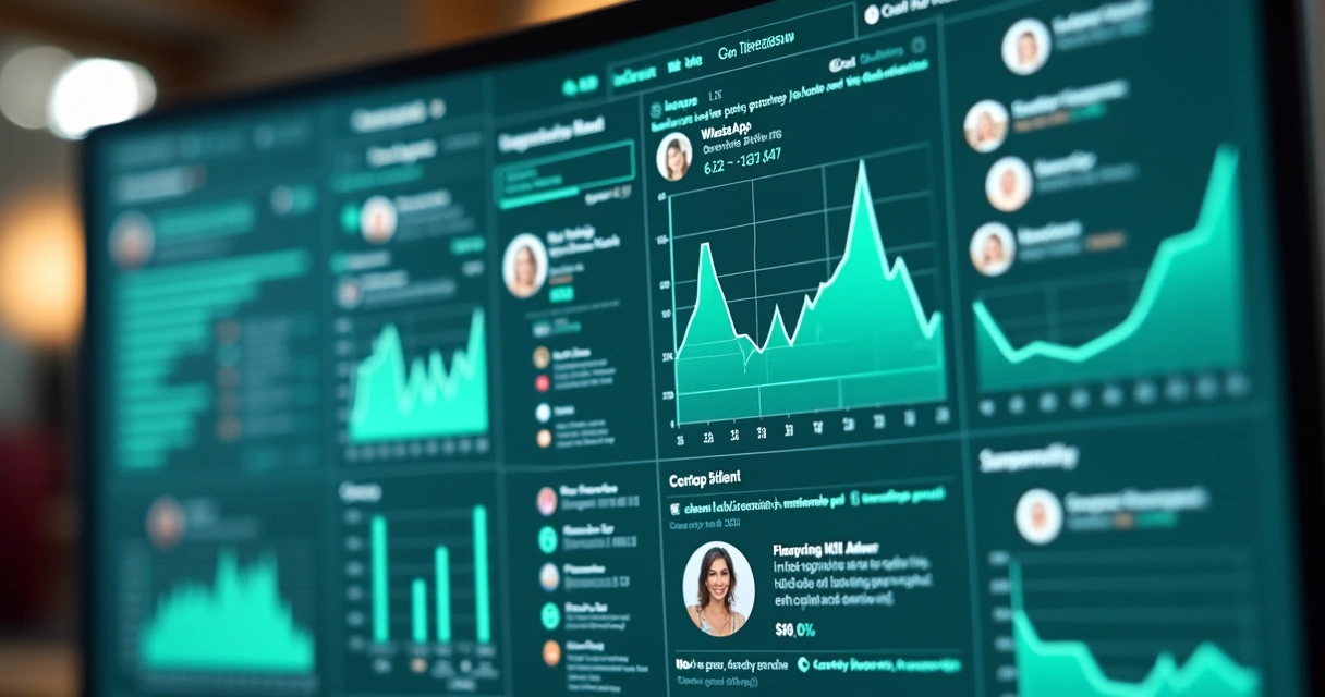 Painel digital mostrando histórico e mensagens de clientes via WhatsApp e Instagram, com gráficos coloridos 