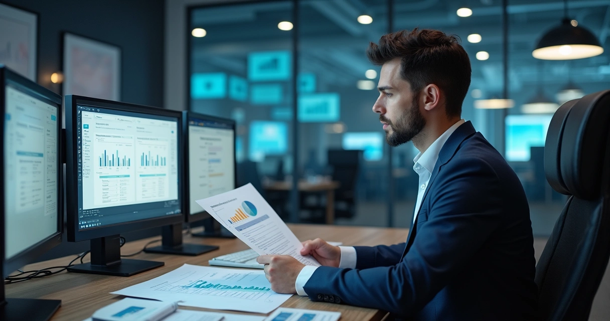 Gestor municipal analisando relatórios de atestados médicos em um escritório 