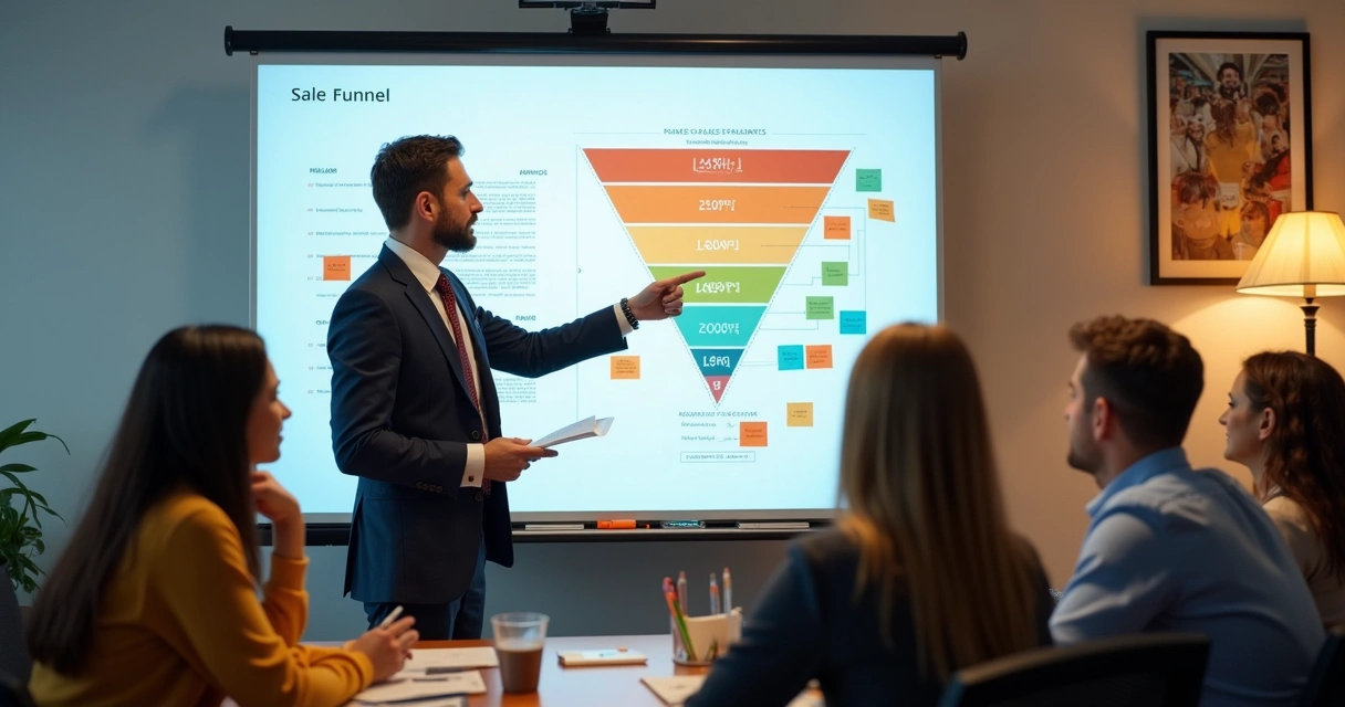 Gestor de vendas em frente a quadro branco com metas e etapas do funil
