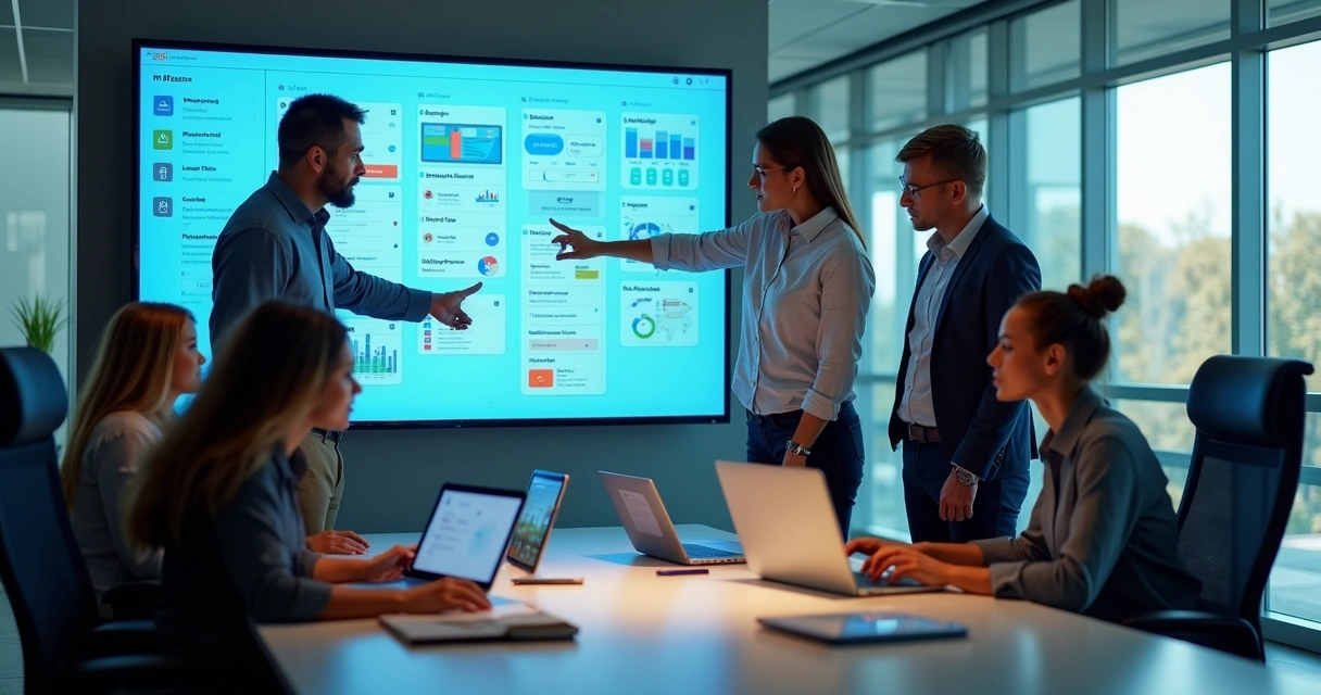 Equipe de TI colaborando em frente a painel digital com tarefas e indicadores 