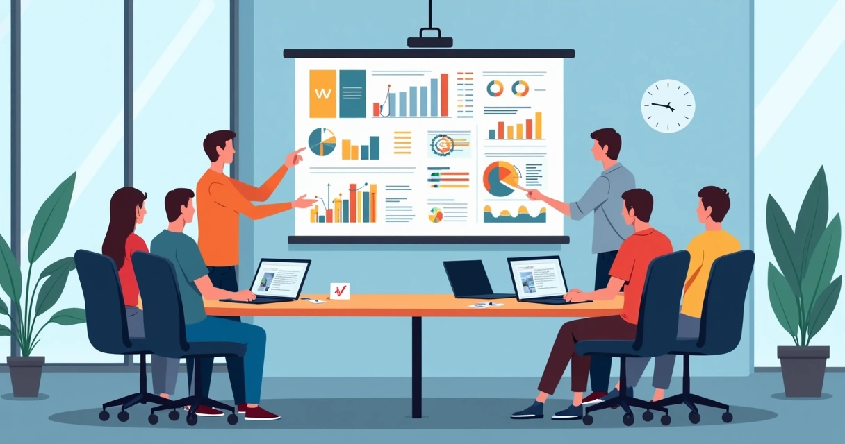 Equipe analisando ativos de empresa em sala de reunião