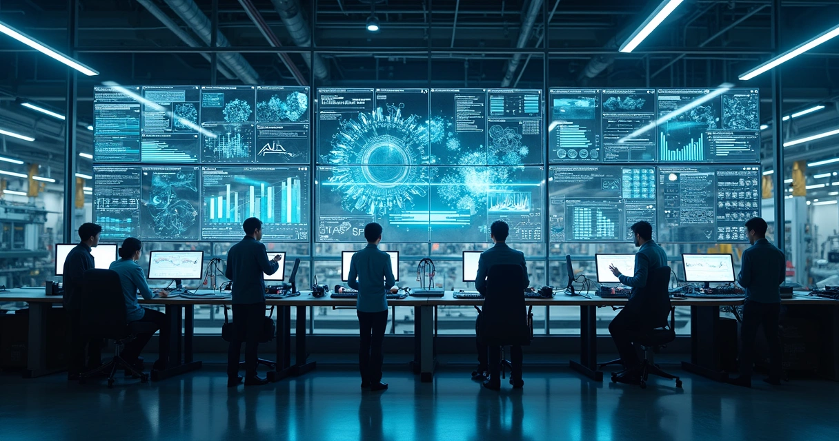 Técnicos monitorando ativos industriais em sala com painéis digitais 