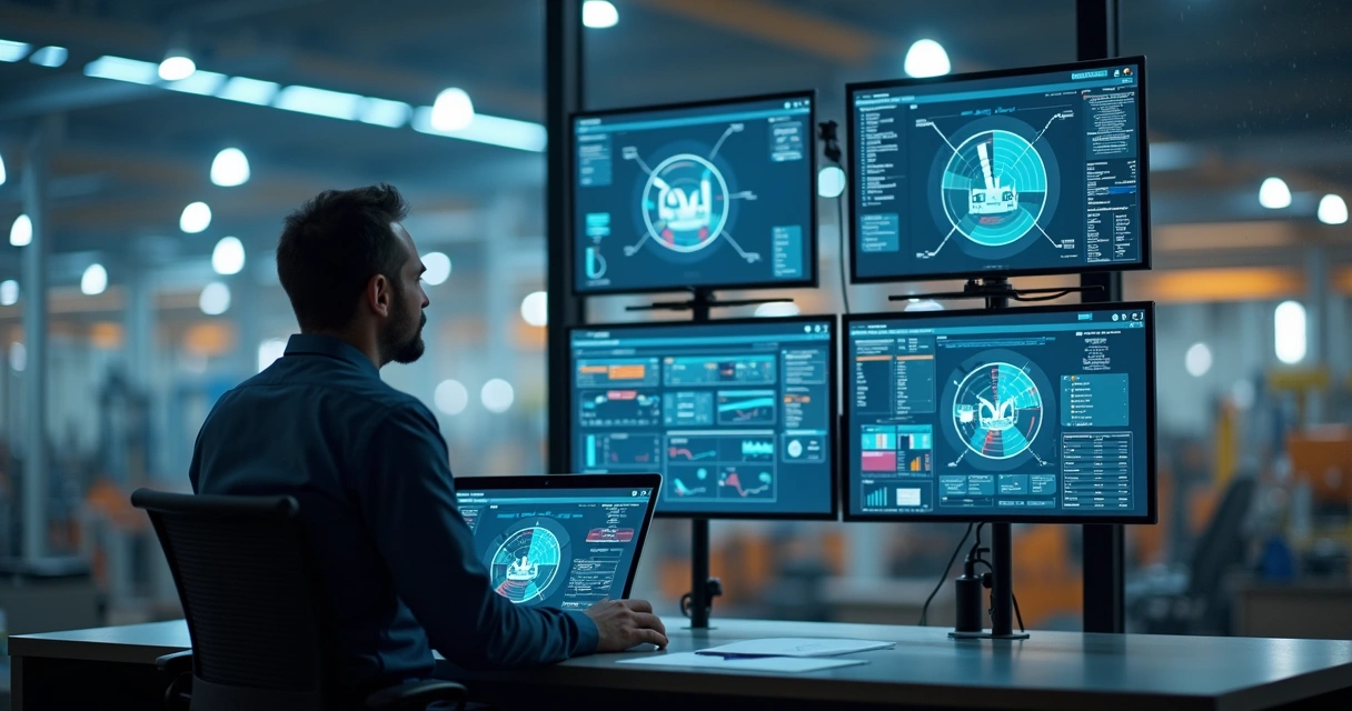 Gestor de ativos analisando painéis digitais e chão de fábrica 