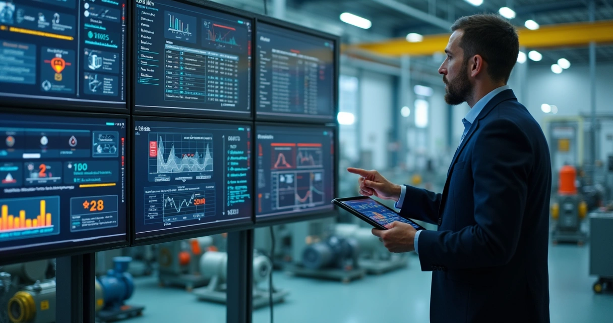 Gestor analisando painel digital de ativos industriais com indicadores de falhas e manutenção 